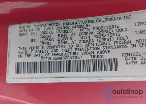 2003 Toyota Tacoma из США, поврежденный, VIN 5TEVL52N43Z247657